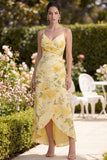 Yellow Ruched Butter Maxi Spaghetti Straps Sheath Floral Maxi Wedding Guest Dress