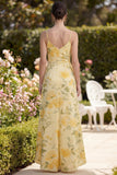 Yellow Ruched Butter Maxi Spaghetti Straps Sheath Floral Maxi Wedding Guest Dress