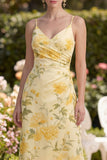 Yellow Ruched Butter Maxi Spaghetti Straps Sheath Floral Maxi Wedding Guest Dress