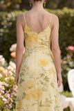 Yellow Ruched Butter Maxi Spaghetti Straps Sheath Floral Maxi Wedding Guest Dress