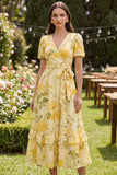 Yellow Ruffled Butter Puff Sleeves A Line Floral Maxi Wedding Guest Dress with Bow