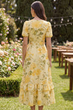 Yellow Ruffled Butter Puff Sleeves A Line Floral Maxi Wedding Guest Dress with Bow