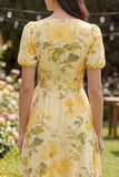 Yellow Ruffled Butter Puff Sleeves A Line Floral Maxi Wedding Guest Dress with Bow