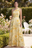 Butter Yellow One Shoulder Ruched Floral A Line Maxi Wedding Guest Dress