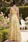 Butter Yellow One Shoulder Ruched Floral A Line Maxi Wedding Guest Dress