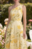 Butter Yellow One Shoulder Ruched Floral A Line Maxi Wedding Guest Dress