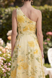 Butter Yellow One Shoulder Ruched Floral A Line Maxi Wedding Guest Dress