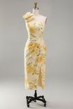 Butter Yellow Ruched Floral One Shoulder Maxi Wedding Guest Dress with Slit