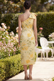 Butter Yellow Ruched Floral One Shoulder Maxi Wedding Guest Dress with Slit