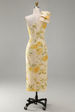 Butter Yellow Ruched Floral One Shoulder Maxi Wedding Guest Dress with Slit