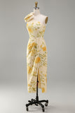 Butter Yellow Ruched Floral One Shoulder Maxi Wedding Guest Dress with Slit