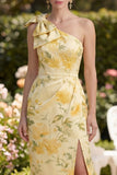 Butter Yellow Ruched Floral One Shoulder Maxi Wedding Guest Dress with Slit