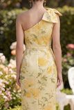 Butter Yellow Ruched Floral One Shoulder Maxi Wedding Guest Dress with Slit
