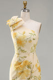 Butter Yellow Ruched Floral One Shoulder Maxi Wedding Guest Dress with Slit