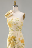 Butter Yellow Ruched Floral One Shoulder Maxi Wedding Guest Dress with Slit