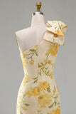 Butter Yellow Ruched Floral One Shoulder Maxi Wedding Guest Dress with Slit