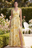 Butter Yellow V-Neck Ruched A Line Floral Maxi Wedding Guest Dress with Slit