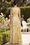 Butter Yellow V-Neck Ruched A Line Floral Maxi Wedding Guest Dress with Slit