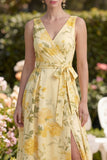 Butter Yellow V-Neck Ruched A Line Floral Maxi Wedding Guest Dress with Slit