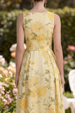 Butter Yellow V-Neck Ruched A Line Floral Maxi Wedding Guest Dress with Slit