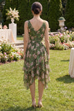 Dark Green Floral V-Neck Ruched A Line Asymmetrical Wedding Guest Dress with Ruffles