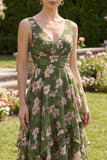 Dark Green Floral V-Neck Ruched A Line Asymmetrical Wedding Guest Dress with Ruffles