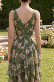 Dark Green Floral V-Neck Ruched A Line Asymmetrical Wedding Guest Dress with Ruffles