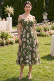 Floral Dark Green A Line Off the Shoulder Maxi Wedding Guest Dress