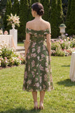 Floral Dark Green A Line Off the Shoulder Maxi Wedding Guest Dress