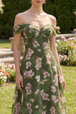 Floral Dark Green A Line Off the Shoulder Maxi Wedding Guest Dress