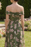 Floral Dark Green A Line Off the Shoulder Maxi Wedding Guest Dress