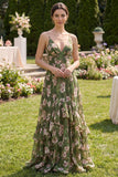 Dark Green Floral A Line Spaghetti Straps Maxi Wedding Guest Dress with Ruffles