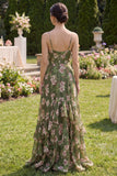 Dark Green Floral A Line Spaghetti Straps Maxi Wedding Guest Dress with Ruffles