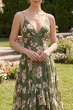 Dark Green Floral A Line Spaghetti Straps Maxi Wedding Guest Dress with Ruffles