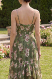 Dark Green Floral A Line Spaghetti Straps Maxi Wedding Guest Dress with Ruffles