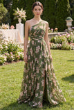 Dark Green Floral Ruffled Ruched A Line Maxi Wedding Guest Dress with Slit