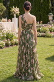 Dark Green Floral Ruffled Ruched A Line Maxi Wedding Guest Dress with Slit