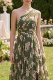 Dark Green Floral Ruffled Ruched A Line Maxi Wedding Guest Dress with Slit