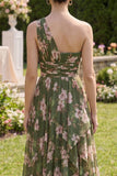 Dark Green Floral Ruffled Ruched A Line Maxi Wedding Guest Dress with Slit