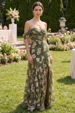 Dark Green Ruched A Line Floral Maxi Wedding Guest Dress with Ruffles
