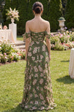 Dark Green Ruched A Line Floral Maxi Wedding Guest Dress with Ruffles