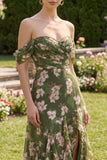 Dark Green Ruched A Line Floral Maxi Wedding Guest Dress with Ruffles