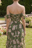 Dark Green Ruched A Line Floral Maxi Wedding Guest Dress with Ruffles
