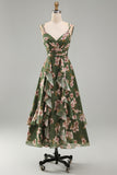 Dark Green Floral V-Neck A Line Ruched Maxi Wedding Guest Dress with Ruffles