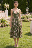Dark Green Floral V-Neck A Line Ruched Maxi Wedding Guest Dress with Ruffles
