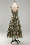 Dark Green Floral V-Neck A Line Ruched Maxi Wedding Guest Dress with Ruffles