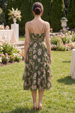 Dark Green Floral V-Neck A Line Ruched Maxi Wedding Guest Dress with Ruffles
