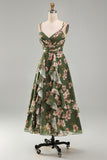 Dark Green Floral V-Neck A Line Ruched Maxi Wedding Guest Dress with Ruffles