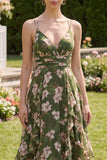 Dark Green Floral V-Neck A Line Ruched Maxi Wedding Guest Dress with Ruffles
