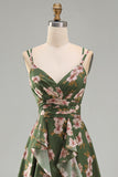 Dark Green Floral V-Neck A Line Ruched Maxi Wedding Guest Dress with Ruffles